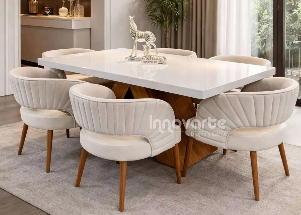 CoComedor Grecia Moderno de 6 Puestos – Blanco Marmolizado y Madera Flor Morado