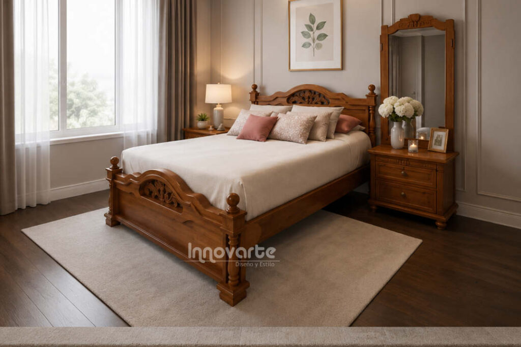 Cama clásica Eliconia de 1,40 m elaborada en cedro macizo color natural, acompañada de nochero clásico y tocador locionero con espejo abatible y almacenamiento oculto.