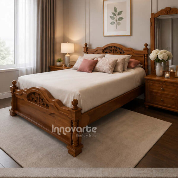 Cama clásica Eliconia de 1,40 m elaborada en cedro macizo color natural, acompañada de nochero clásico y tocador locionero con espejo abatible y almacenamiento oculto.