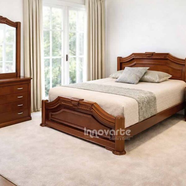 Alcoba clásica París con acabado tabaco, cama elegante, cajonero con espejo y nocheros para habitaciones cálidas y sofisticadas