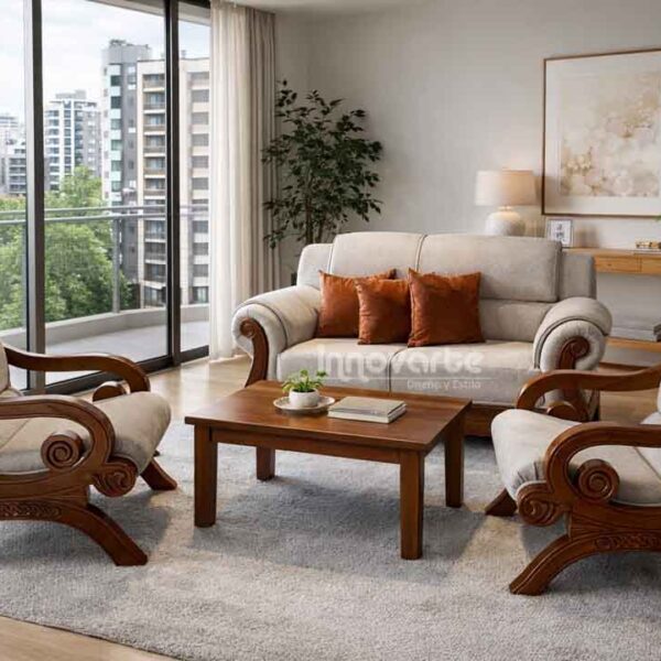 Sala clásica con sofá Escandia de 2 puestos y sillas Alejandrinas en madera, ideal para espacios elegantes y acogedores