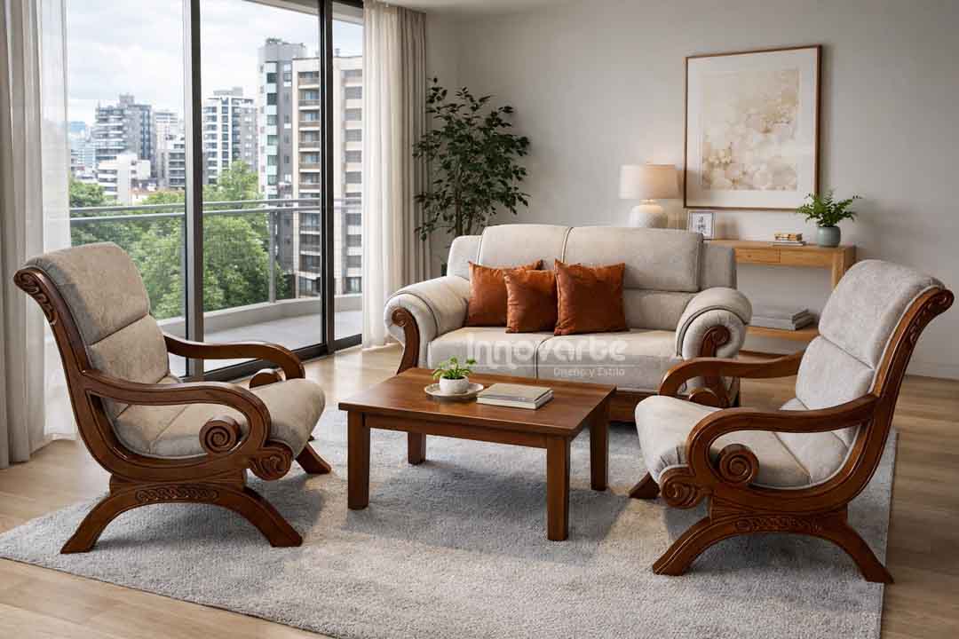 Sala clásica con sofá Escandia de 2 puestos y sillas Alejandrinas en madera, ideal para espacios elegantes y acogedores