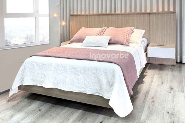 Cama Nassu de 1.40 m con diseño moderno y elegante, cabecero con iluminación LED, base flotante en madera y mesas de noche integradas. Ideal para un dormitorio sofisticado y acogedor.