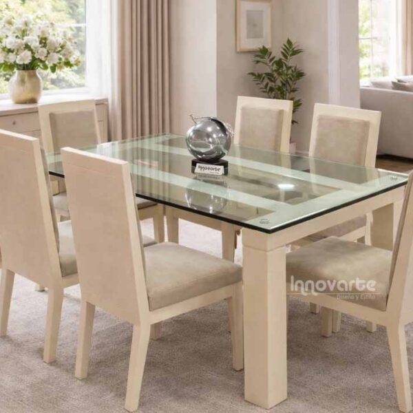 Comedor Málaga de 6 puestos en cedro macizo con terminado en poliuretano color marfil, ideal para espacios elegantes y acogedores