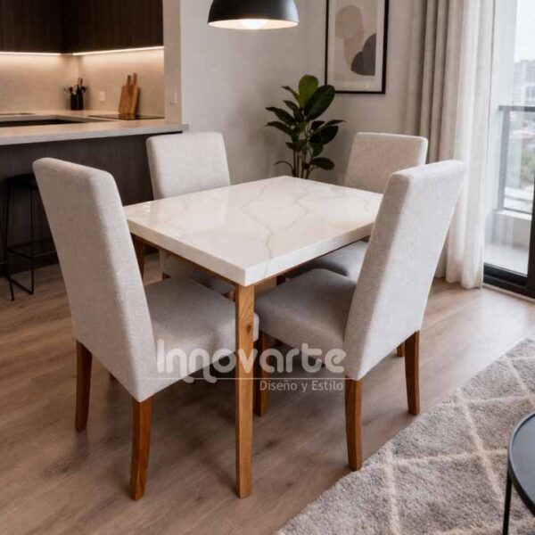 Comedor Gil de 4 puestos con mesa Deco de cubierta marmolizada en madera cedro macizo