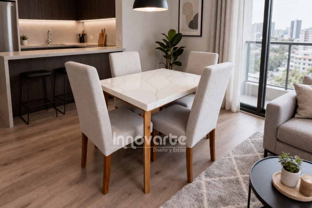 Comedor Gil de 4 puestos con mesa Deco de cubierta marmolizada en madera cedro macizo