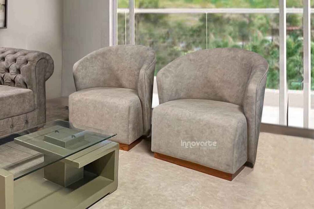 Sillas de sala obando tela velvet beige con base en madera cedro natural