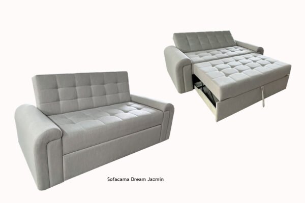 Sofacama tapizado en tela gris, que combina comodidad y funcionalidad con un diseño moderno y elegante