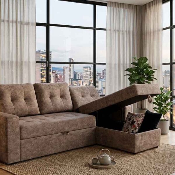 Sofacama en L Michigan con baúl de almacenamiento y tela antifluido, ideal para espacios modernos, funcionales y acogedores