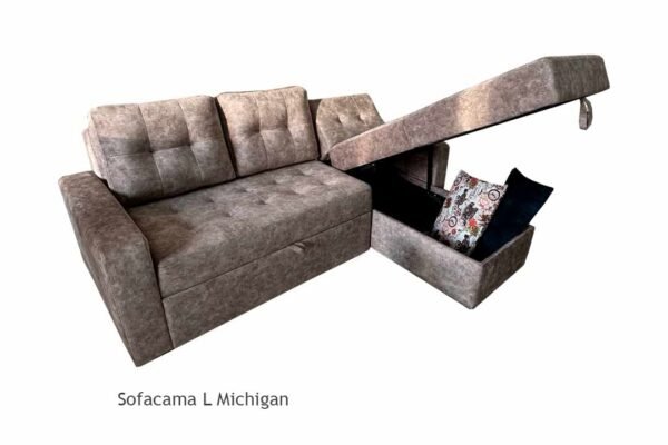 Sofacama modular en forma de L tapizado en tela gris, ideal para espacios modernos y versátiles