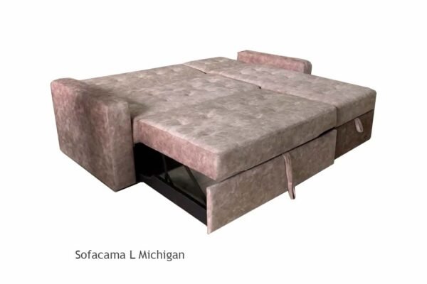 Sofacama modular en forma de L tapizado en tela gris, ideal para espacios salas de tv modernos y versátiles