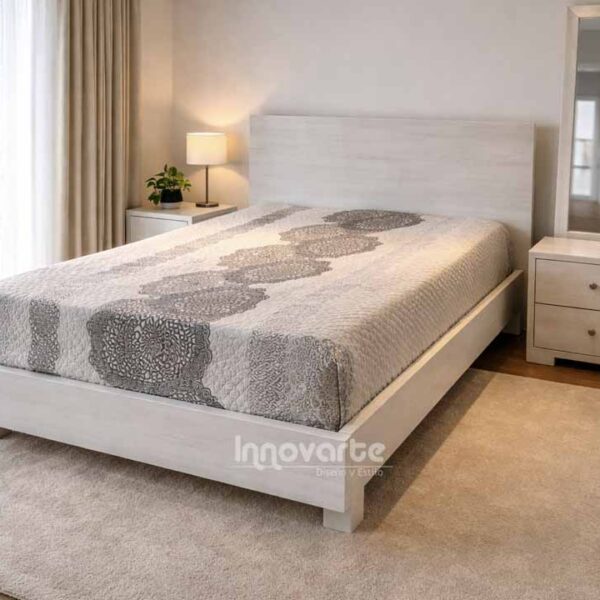 Alcoba Deco con acabado decapé, cama moderna, tocador con espejo largo y nochero para habitaciones elegantes y acogedoras