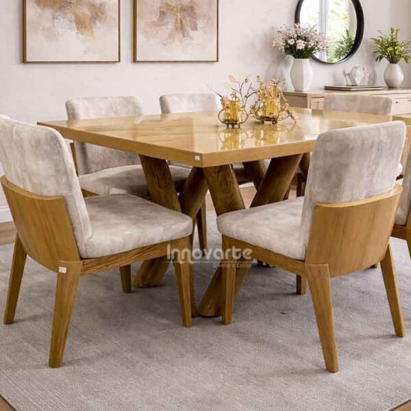Comedor Eleganza de 6 puestos en madera flor morado con terminado natural brillante, ideal para espacios elegantes y acogedores