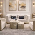 Sala Diamond dorada con sofá de 2 puestos y dos poltronas giratorias con espalda en madera tallada, ideal para espacios elegantes y sofisticados