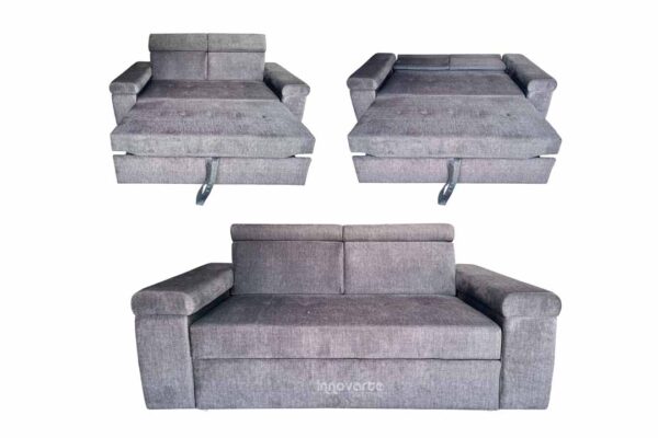 Sofacama Dream Atenas en tela gris, con diseño moderno y funcional. Convertible en cama con sistema de extensión deslizante, ideal para espacios compactos.