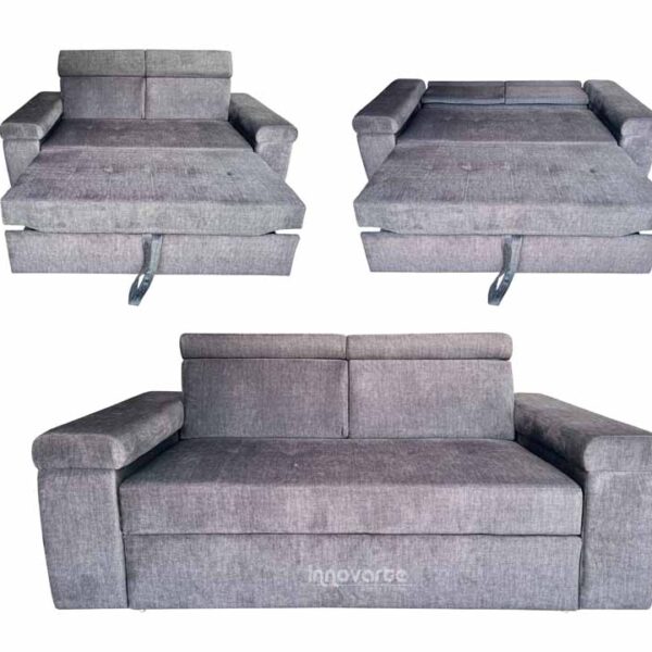 Sofacama Dream Atenas en tela gris, con diseño moderno y funcional. Convertible en cama con sistema de extensión deslizante, ideal para espacios compactos.