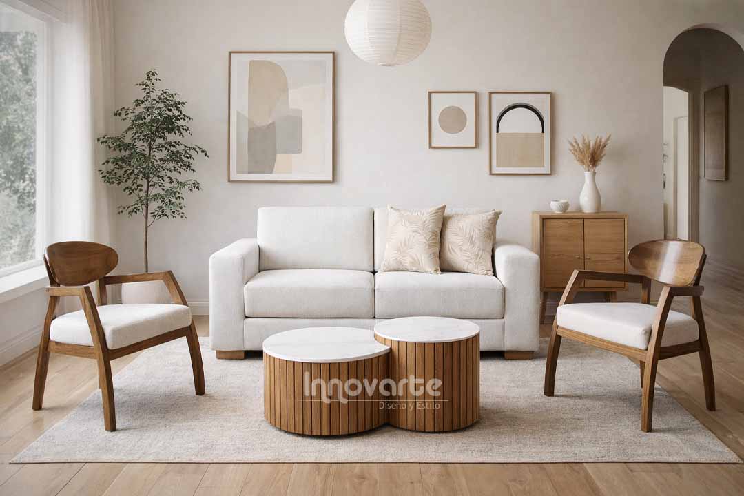 Sala moderna con sofá Deco de 2 puestos y sillas Óvalo en madera flor morado con acabado natural