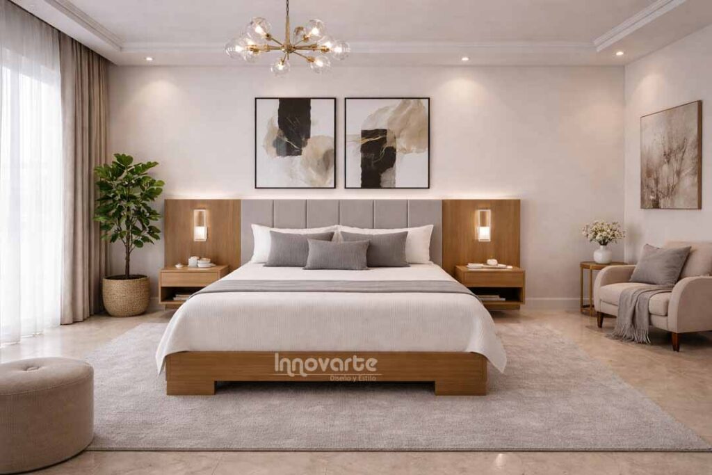 Alcoba Tolu con cama de 1.60 m, cabecero en madera con detalle tapizado y lámparas con intensidad de luz ajustable