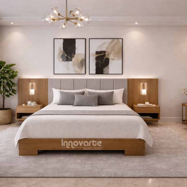 Alcoba Tolu con cama de 1.60 m, cabecero en madera con detalle tapizado y lámparas con intensidad de luz ajustable