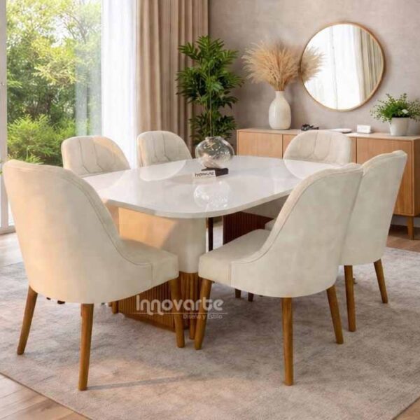 Comedor Bahamas de 6 puestos en madera con terminado en poliuretano y base con listones en madera flor morado, ideal para espacios elegantes y modernos