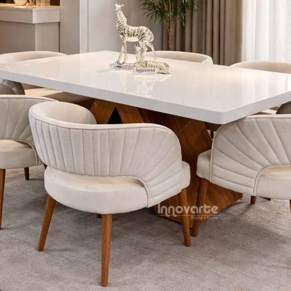 Comedor Lucerna de 6 puestos en madera con terminado en poliuretano, cubierta blanca marmolizada y base en madera flor morado natural