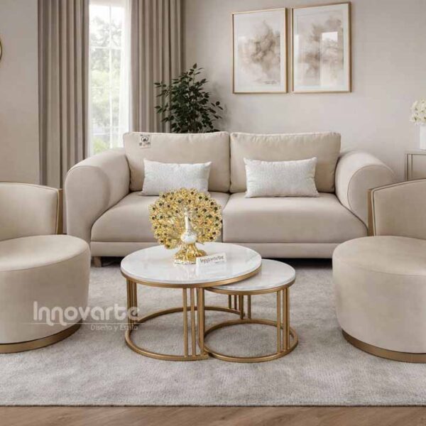 Sala Illinois con sofá y dos sillas giratorias de sala, respaldo en madera con terminado en poliuretano marmolizado, ideal para espacios elegantes y modernos