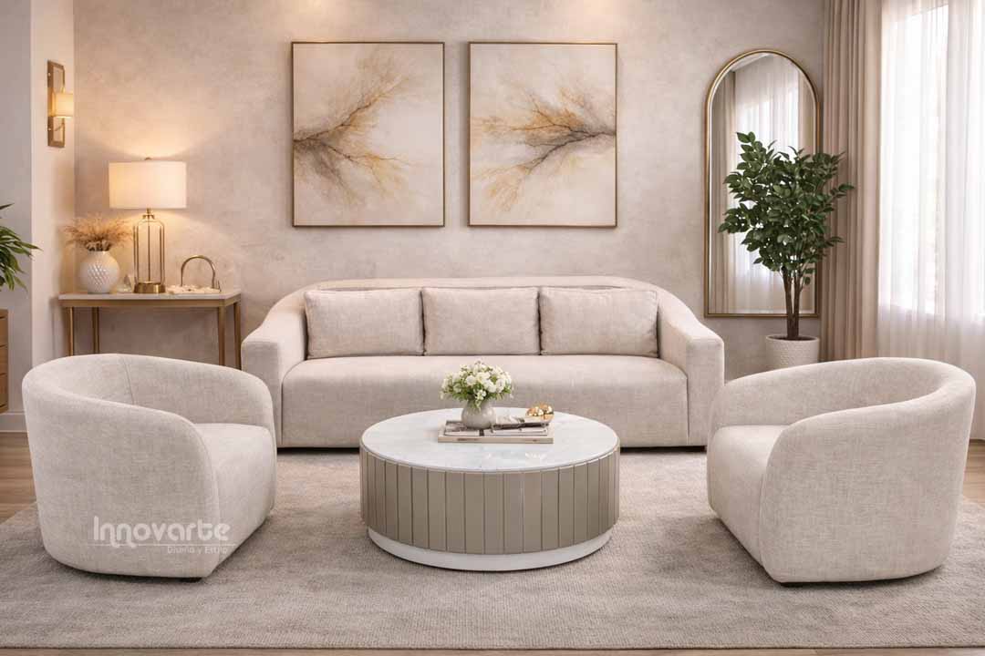 Sala Madey con sofá de 3 puestos y dos poltronas, ideal para espacios modernos, elegantes y acogedores
