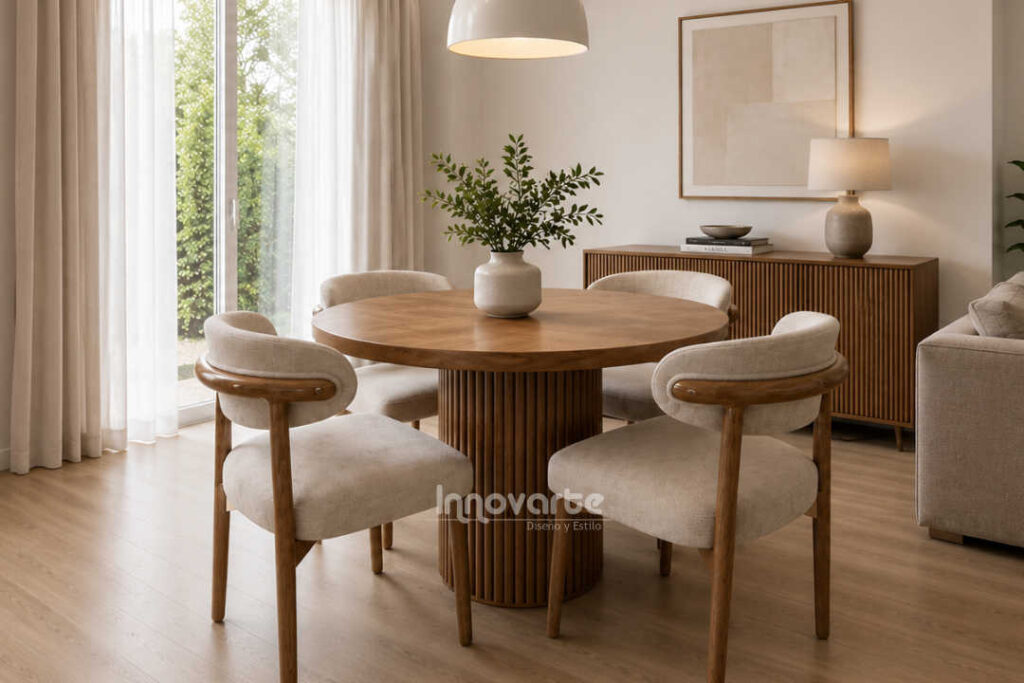Comedor Madrid redondo de 4 puestos elaborado en madera maciza flor morado con acabado natural, mesa redonda estilo nórdico y sillas tapizadas en tela tipo velvet color beige.