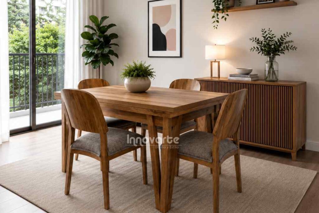 Comedor nórdico de 4 puestos elaborado en madera maciza flor morado con acabado natural, cubierta en madera y sillas tapizadas en tela tipo velvet.