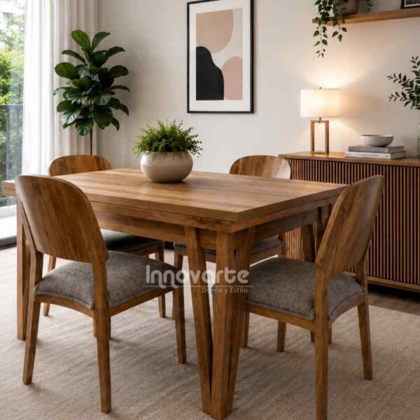 Comedor nórdico de 4 puestos elaborado en madera maciza flor morado con acabado natural, cubierta en madera y sillas tapizadas en tela tipo velvet.