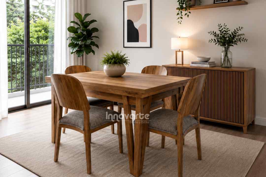 Comedor nórdico de 4 puestos elaborado en madera maciza flor morado con acabado natural, cubierta en madera y sillas tapizadas en tela tipo velvet.