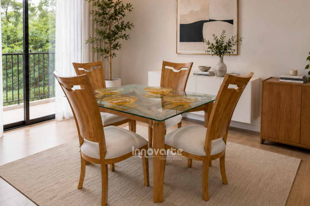 Comedor Cuchara Bocelado de 4 puestos elaborado en madera maciza flor morado con acabado natural, cubierta en vidrio y sillas tapizadas en tono claro.