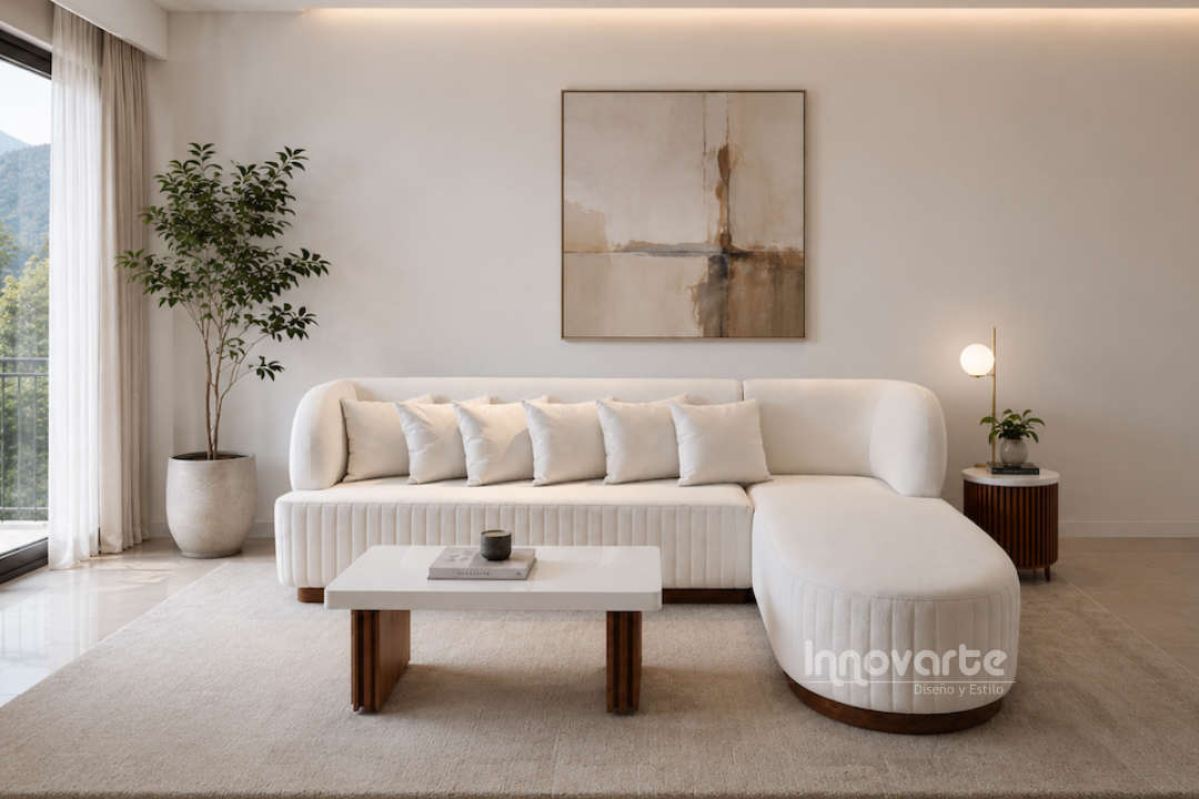 Sala en L Niza de diseño curvo tapizada en velvet color crudo, con base en madera de cedro y mesa de centro con cubierta marmolizada.